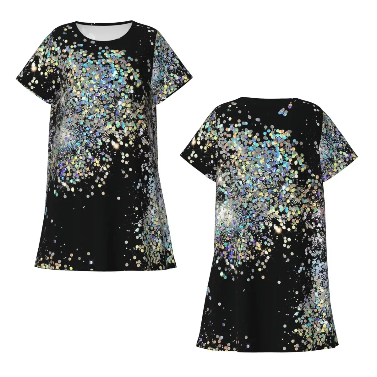 Custom Black And Multicolor Sequins Faux Short Sleeves Nightdress For Sleeping Women Short Sleeve Nightgowns Soft Pajama Dress