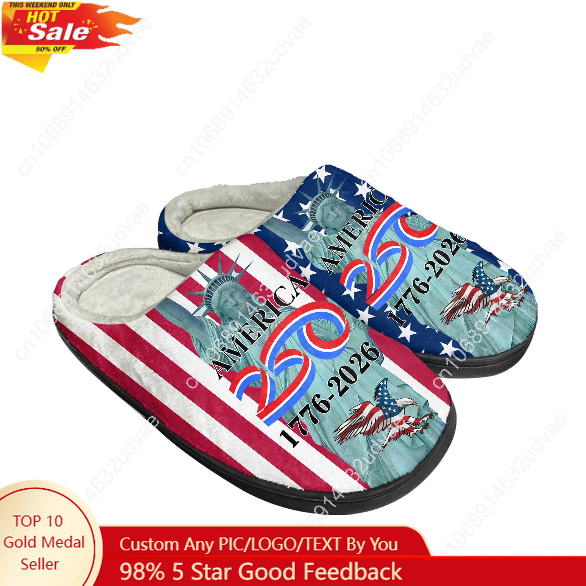 

America 250th Anniversary 1776-2026 Cotton Slippers Mens Womens Elastic Keep Warm Shoes Plush Footwear Custom Thermal Slipper