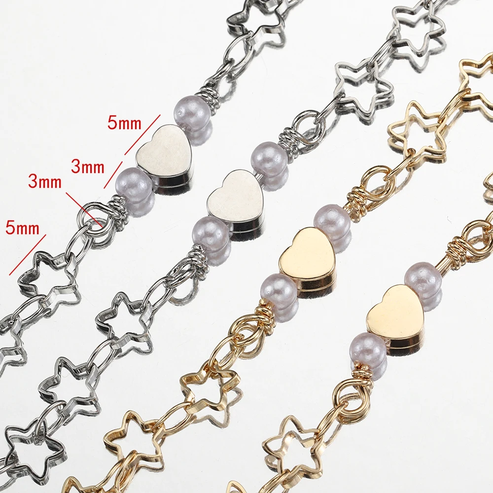 1meter Metal Copper Chain Imitation Pearls, Star, Heart Beads Elements Handmade Chain for Jewelry Making Women Necklace Bracelet