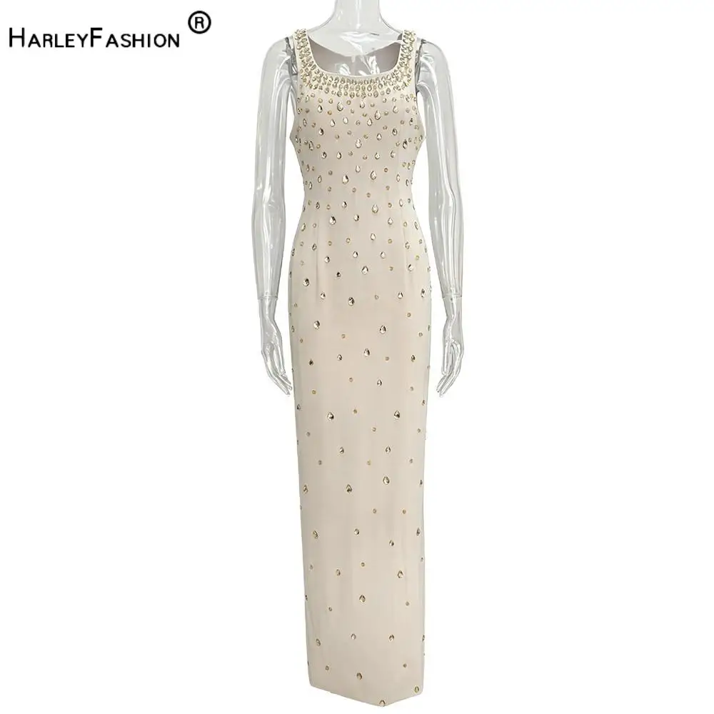 2026 In Stock Lady European Style Fashion U-neck Sleeveless Party Wear Rhinestone Beading Solid Slit Long Dress