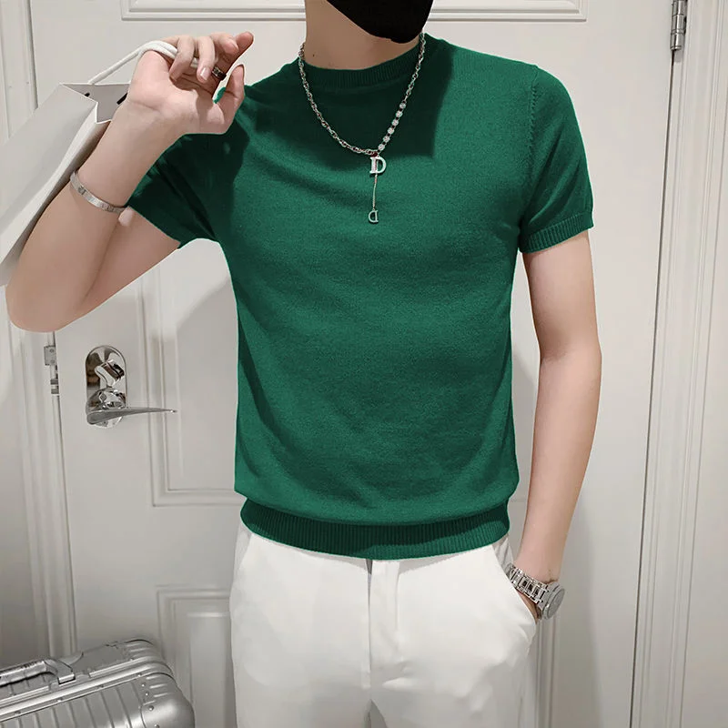 Summer Thin Pullover Half High Collar Men T-shirt Knitted Short Sleeves Top Men's Solid Color Sweater Slim Tee Shirt Streetwear