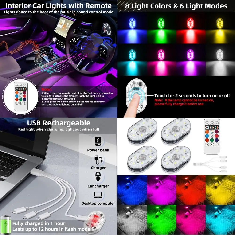 

4 шт. беспроводные светодиодные фонари для автомобиля с дистанционным управлением, 8 цветов, ночные огни салона автомобиля