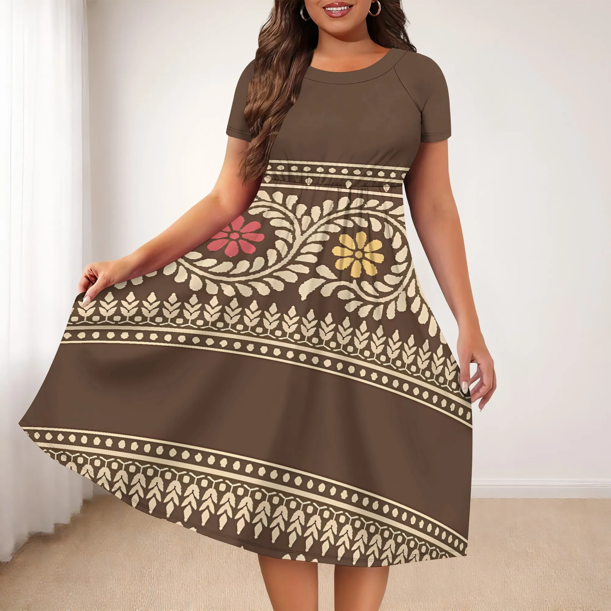 

Nupusa Ethnic Floral Print Dress for Women Standard Size Summer Casual Crew Neck Short Sleeve Midi Dress