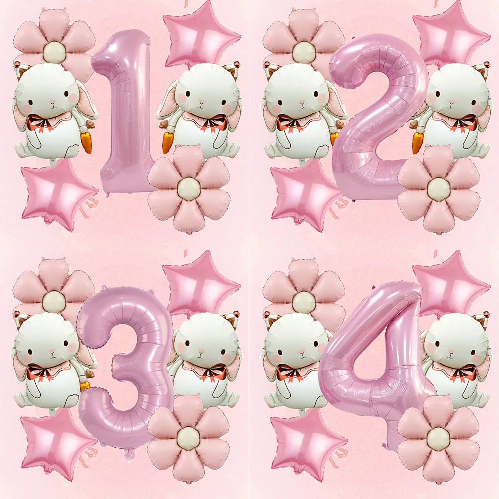 7-teiliges neues Kaninchen-Gänseblümchen-Ballon-Set mit 32 Zoll rosa Nummer 1-9 Ballon für Ostern, Geburtstagsparty-Dekoration, Kindergeschenke