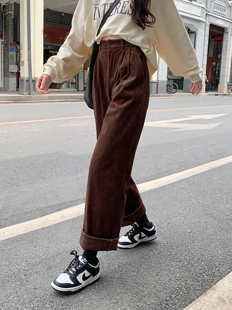 Fashion Corduroy Pants Women Retro High Waist Loose Coffee Trousers Fall Winter Vintage Black Wide Leg Steetwear Pants  2024 New