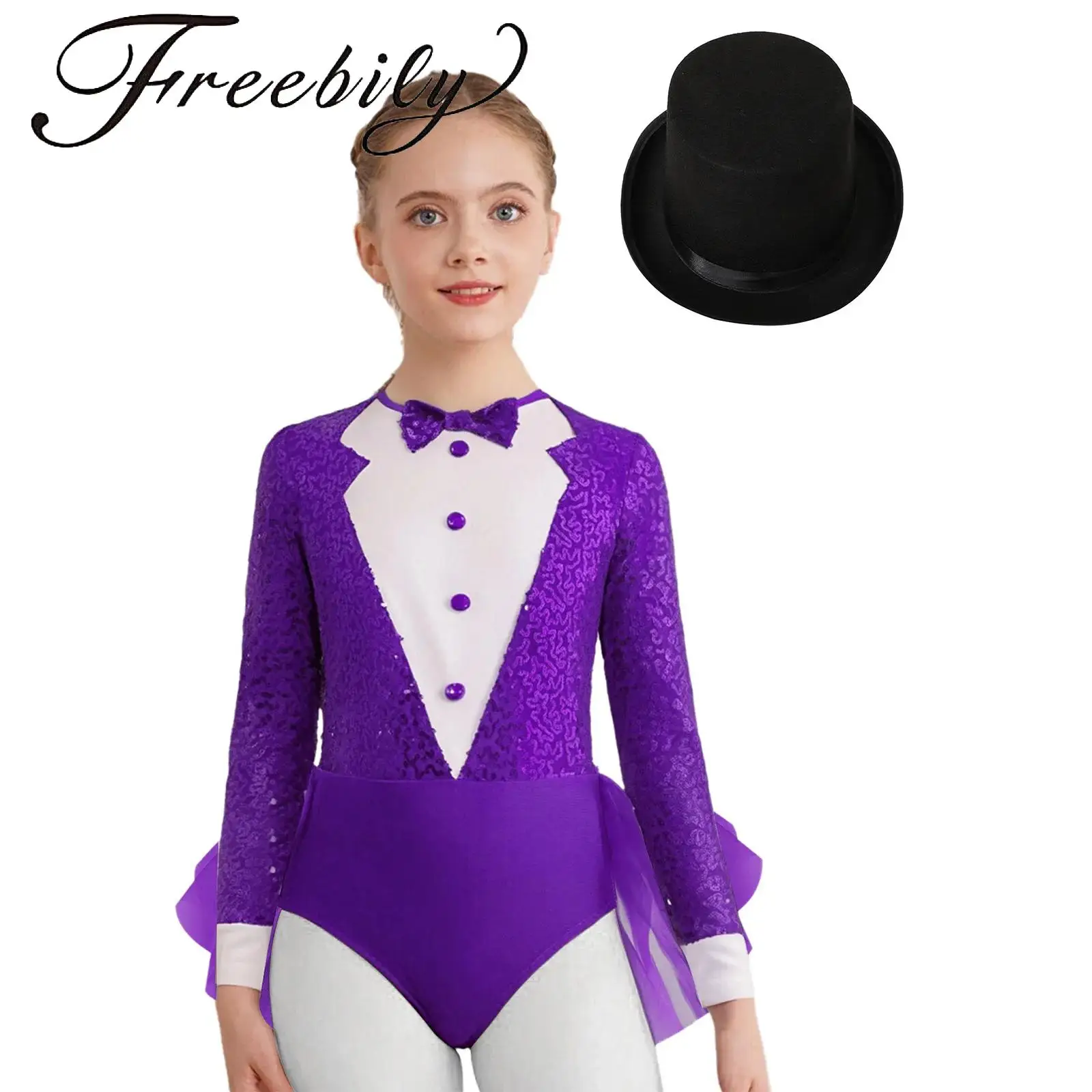 

Kids Girls Jazz Outfit Back Invisible Zipper Sparkly Sequins Color Block Bodice Tulle Magician Skirted Leotard with Hat