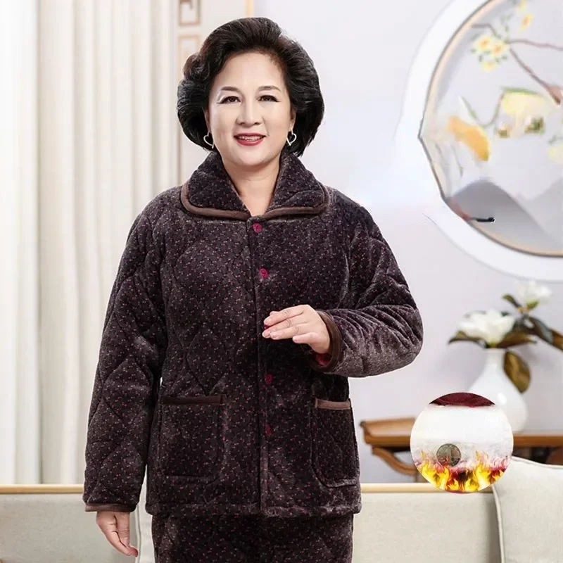 

Mother Winter Ladies Coral Velvet Pajamas Thick Women Flannel 3-layer Cotton Sleepwear Middle Age Elderly Mom Home Clothes Suit