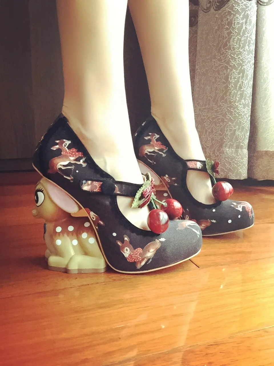 

Strange Style Deer High Heels Print Dress Banquet Runway Shoes Women Round Toe Buckle Strap Cut-outs Platformed Cherry Pumps