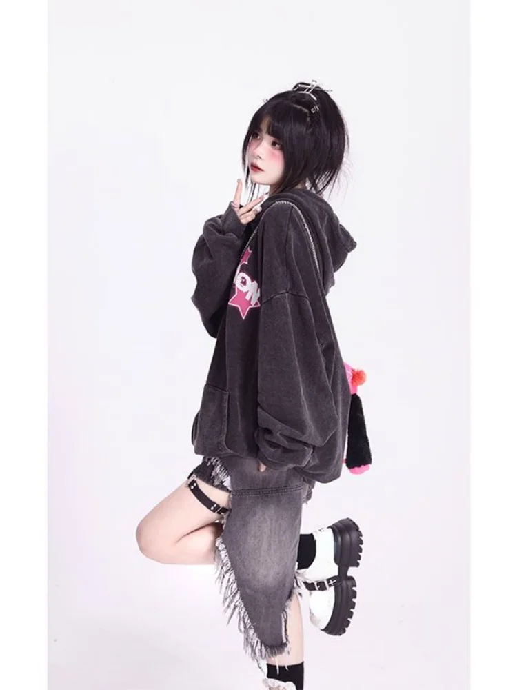 KOSAHIKI Spring Autumn Loose Hoodie Women Harajuku Gothic Star Print Vintage Hoody Streetwear Pullover Y2k Aesthetic Sweatshirt