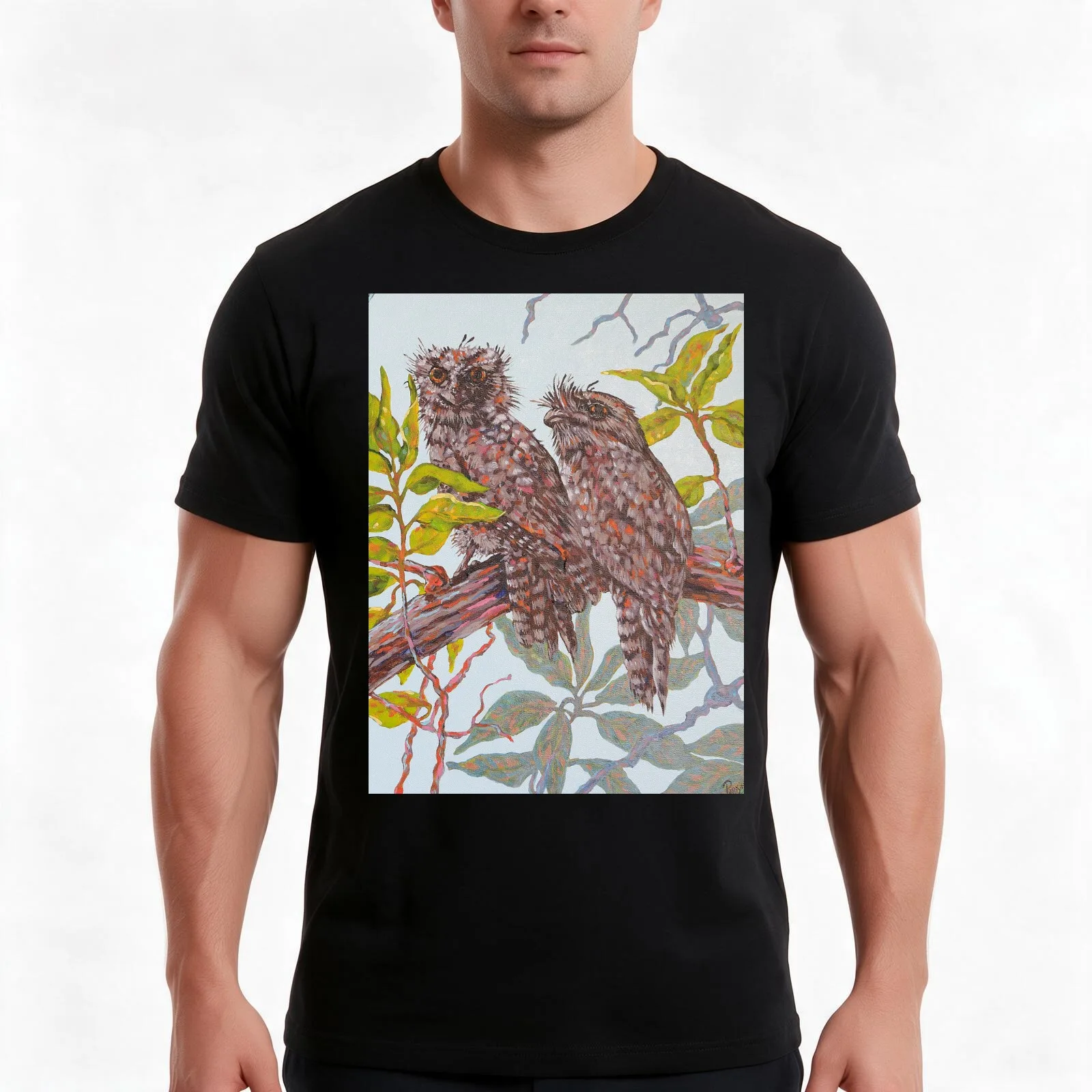 Two Tawny Frogmouth Birds Perched on Branch T-Shirt Summer Casual Cotton Tee Oversized Streetwear Tops Vintage Graphic Print