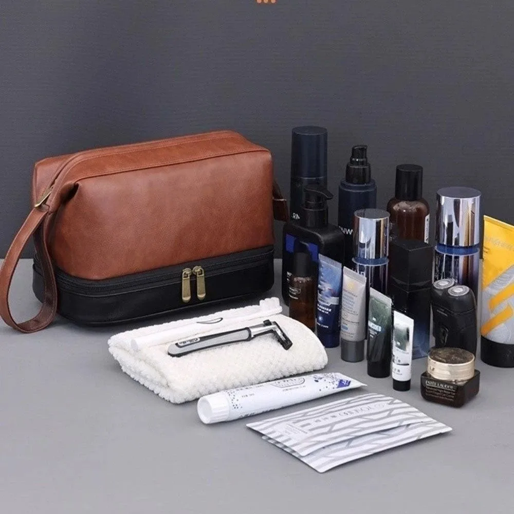 

Мужская косметичка большой вместимости, ретро-стиль, водонепроницаемая, из искусственной кожи, с разделением на сухие и влажные отделения, для бизнеса, для ванной комнаты