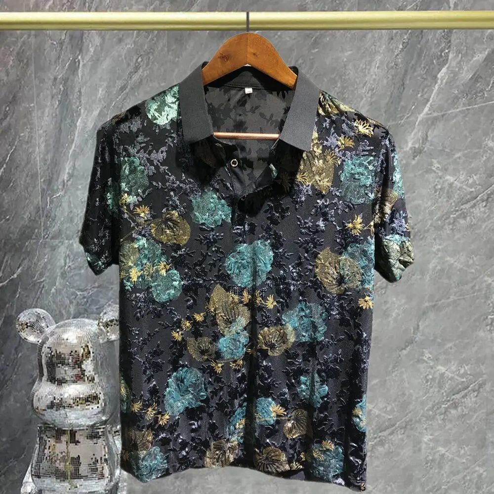 2025 Floral Polo See Through Masculine Soft  Men Clothing Nightclub Short-sleeved Polo Men Sexy Polo Transparent Retro Court