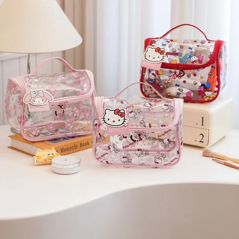 Bolsa de lavagem à prova d'água de PVC transparente com personagem de desenho animado fofo Hello Kitty, bolsa de armazenamento de maquiagem portátil e versátil, presente de feriado