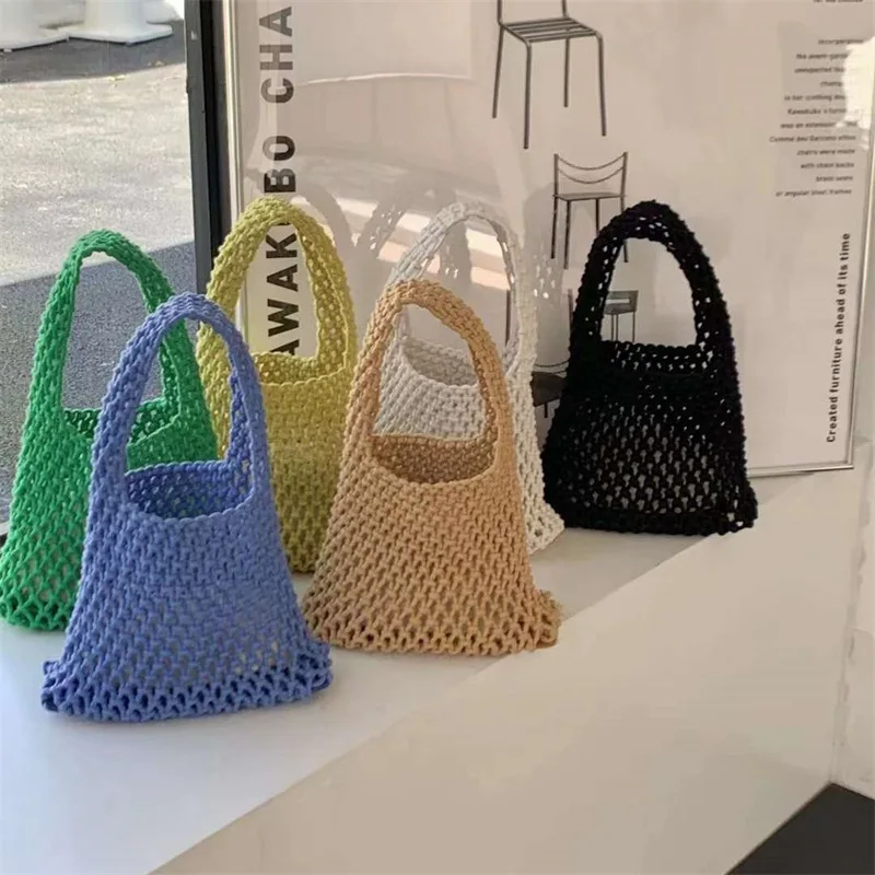 Beach Crochet Handbag for Women Girls Summer Straw Rope Hollow Out Hand Woven Totes Bag Women\'s Hollow Knitting Handbag Purses