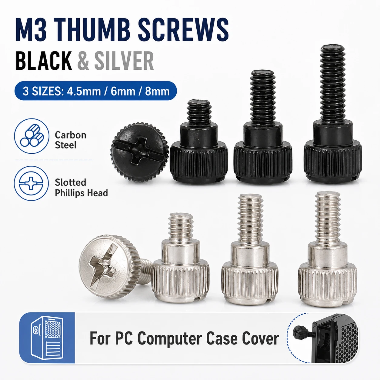 10-100Pcs M3 Black Silver Thumb Screws, Slotted Phillips Head Hand Tighten Bolts for PC Case Cover PCI Slots Hard Drive
