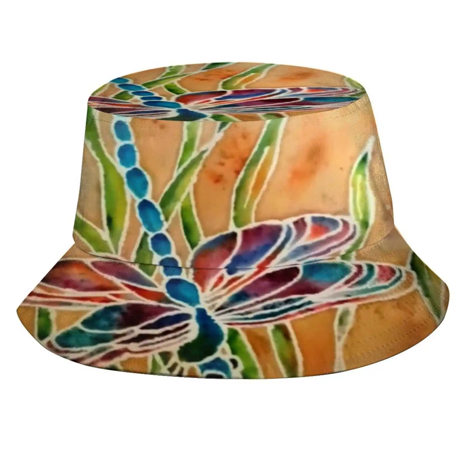 Respirável Sun Cap for Beach Tourism, Batik Em Reeds Batik Bucket Hat, Água Natureza Voa Insetos, Libélula Em Reeds