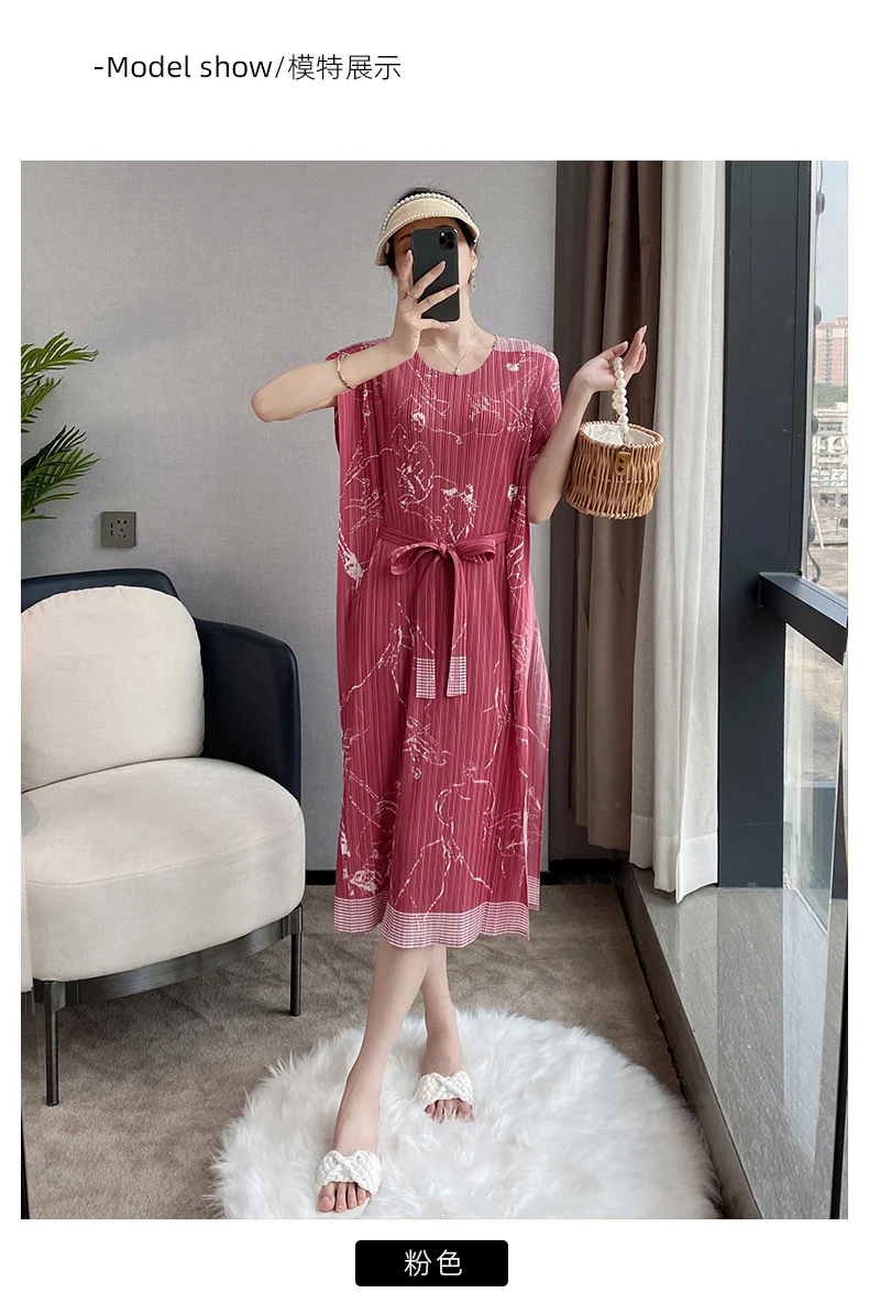 

HOT SELLING Miyake style pleated o-neck dress splice loose irregular print lacing dress IN STOCK