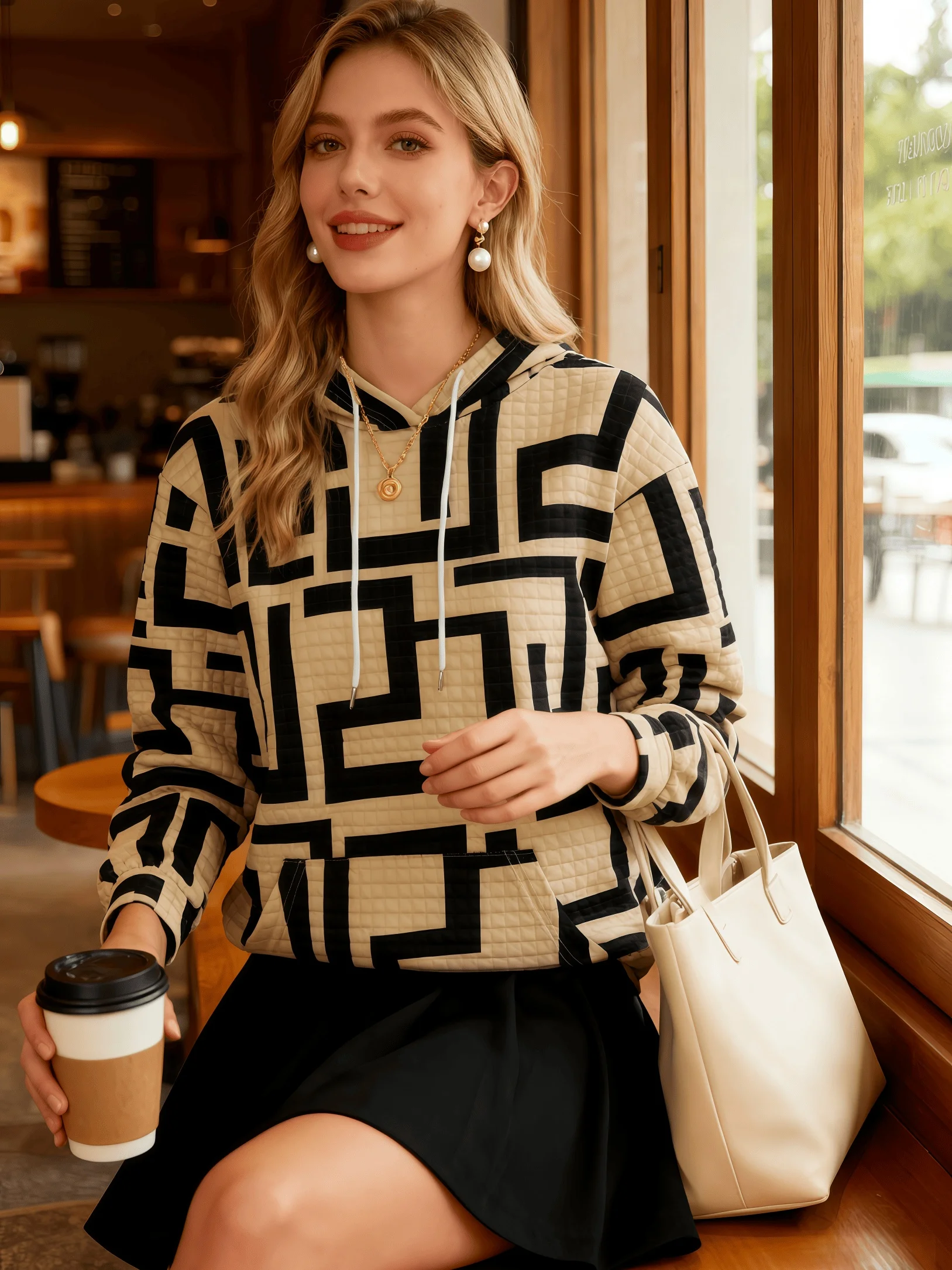 

Printed Design casual style Geometric Black and Beige Pattern hoodie