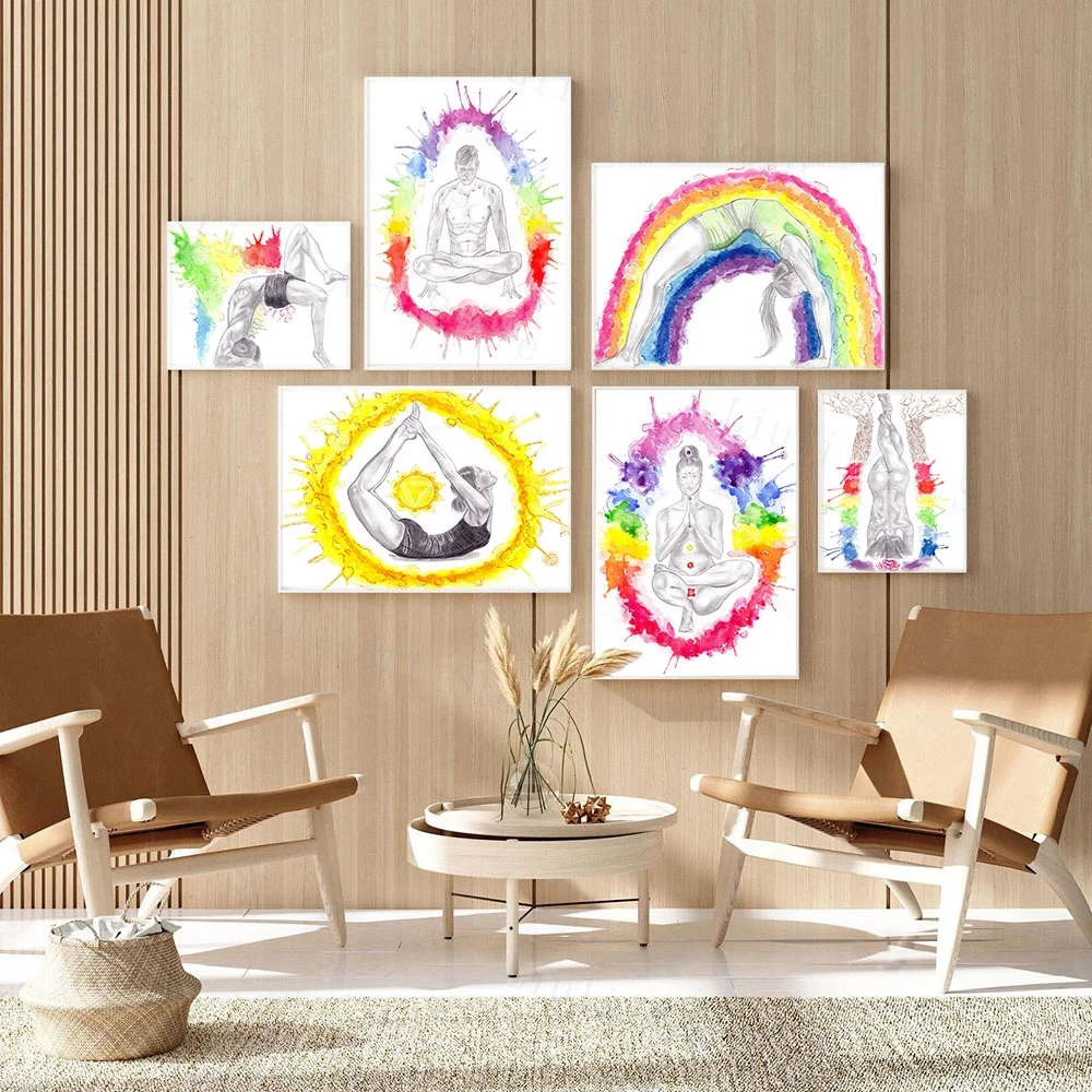 Yoga Meditation Chakra Poster Handstand Pose Sun Lotus Rainbow Art Prints Vintage Canvas Painting Home Decor Nordic Pictures