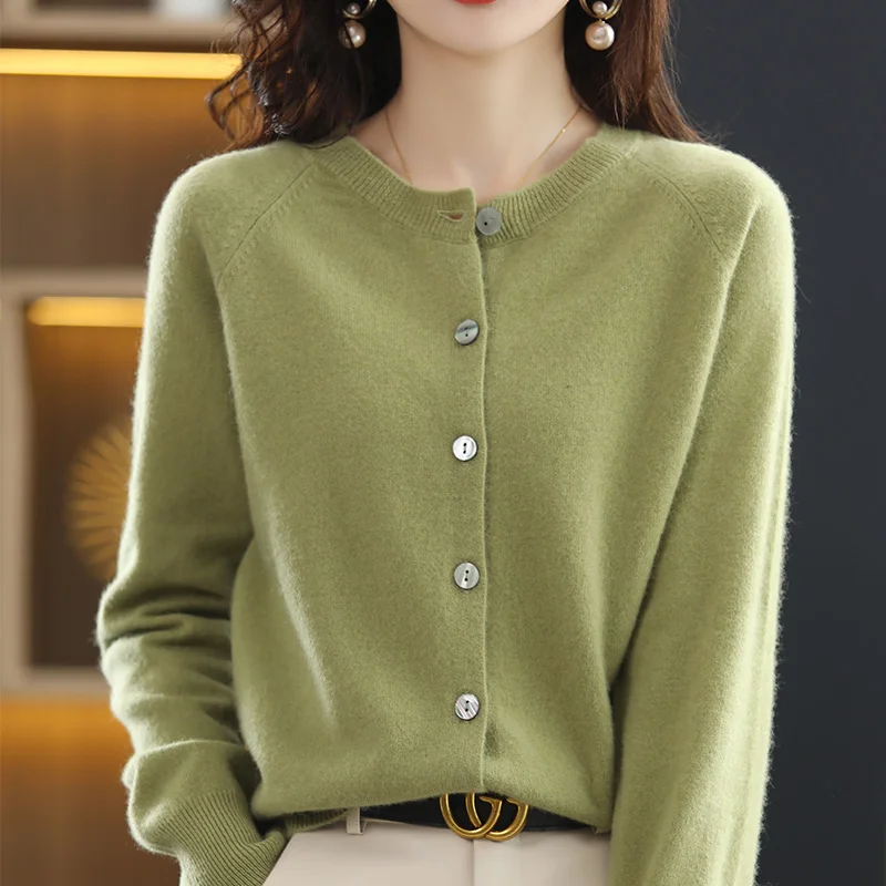 Spring New 100%Pure Wool Cardigan Ladies Jacket Solid Round Neck Wild Cashmere Sweater Simple Knit Shirt Loose Coat Female Tops