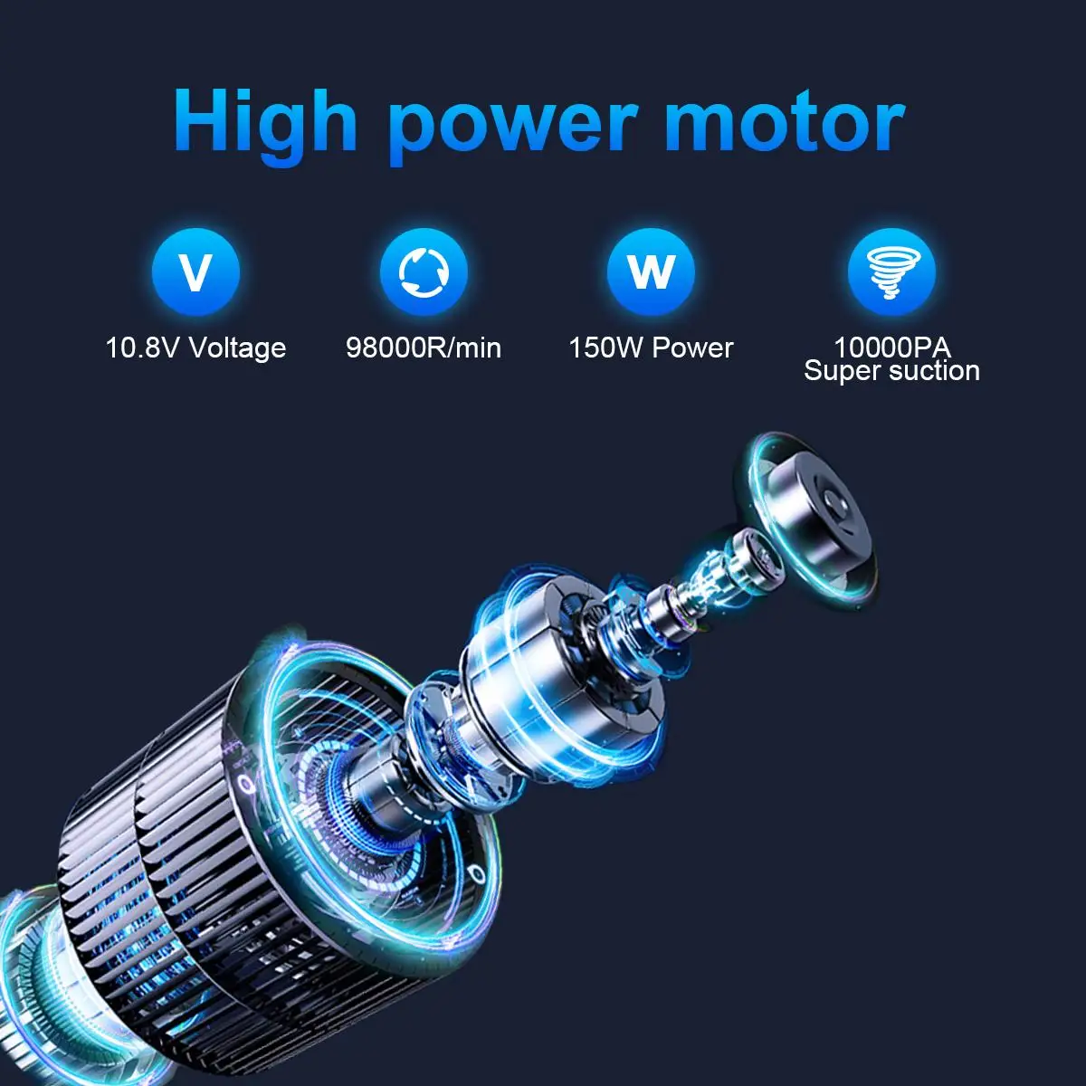 Aspirador de pó sem fio portátil do carro, forte sucção, luz LED, 2 filtro HEPA, sem fio, portátil, 150W, 10000PA