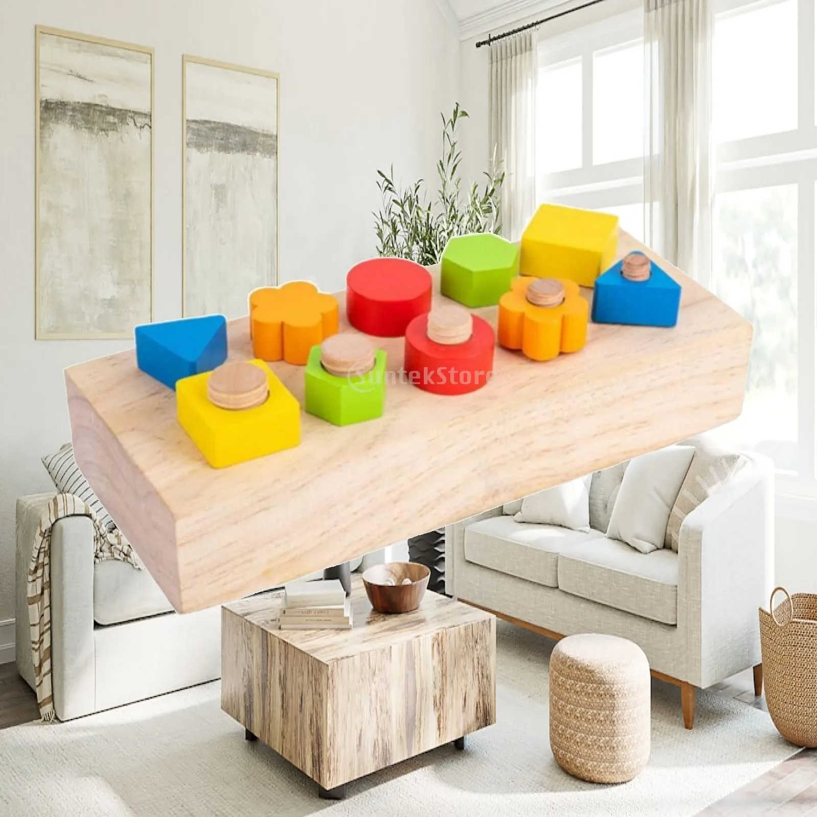 Wooden Screw Block Learning Toy for Children with Five Geometric Shapes for Hand Eye Coordination