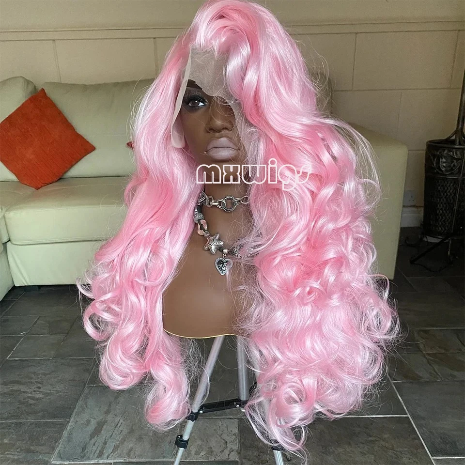 MXWIG Synthetic Hair Pink Deep Wave Glueless 13X4 Lace Front Wig For Black Women Preplucked 26 