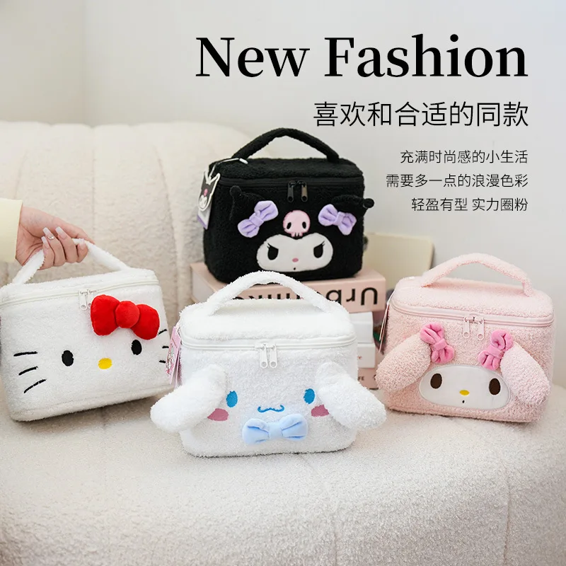 Sanrio Makeup Bag Cute Hello Kitty Make Up Case Melody Plush Travel Cosmetic Organizer Tote Bags Portable Kawaii Women Bag