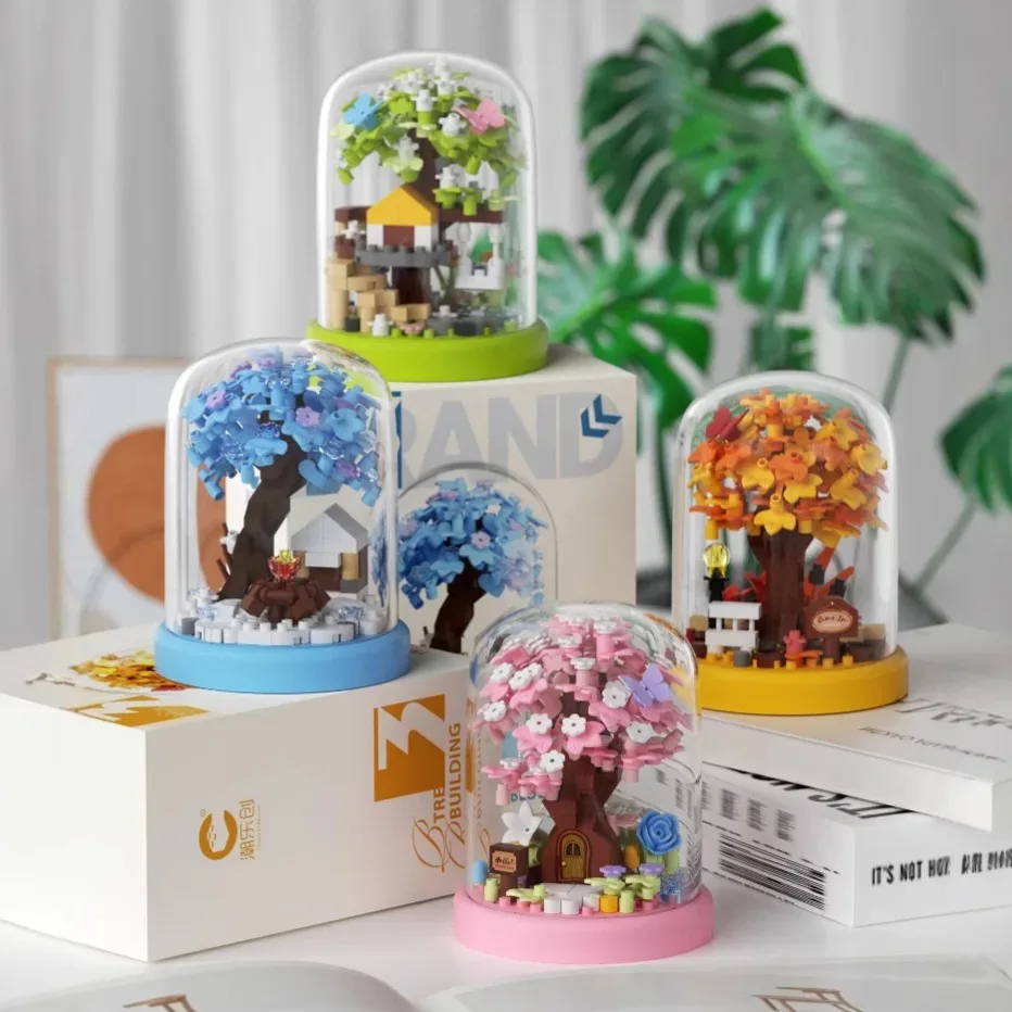 Kit de bloques de construcción de plantas en macetas, casa en el árbol de Sakura, flores preservadas, bonsái, rompecabezas creativo para niños, juguete para niñas, regalo de cumpleaños romotico