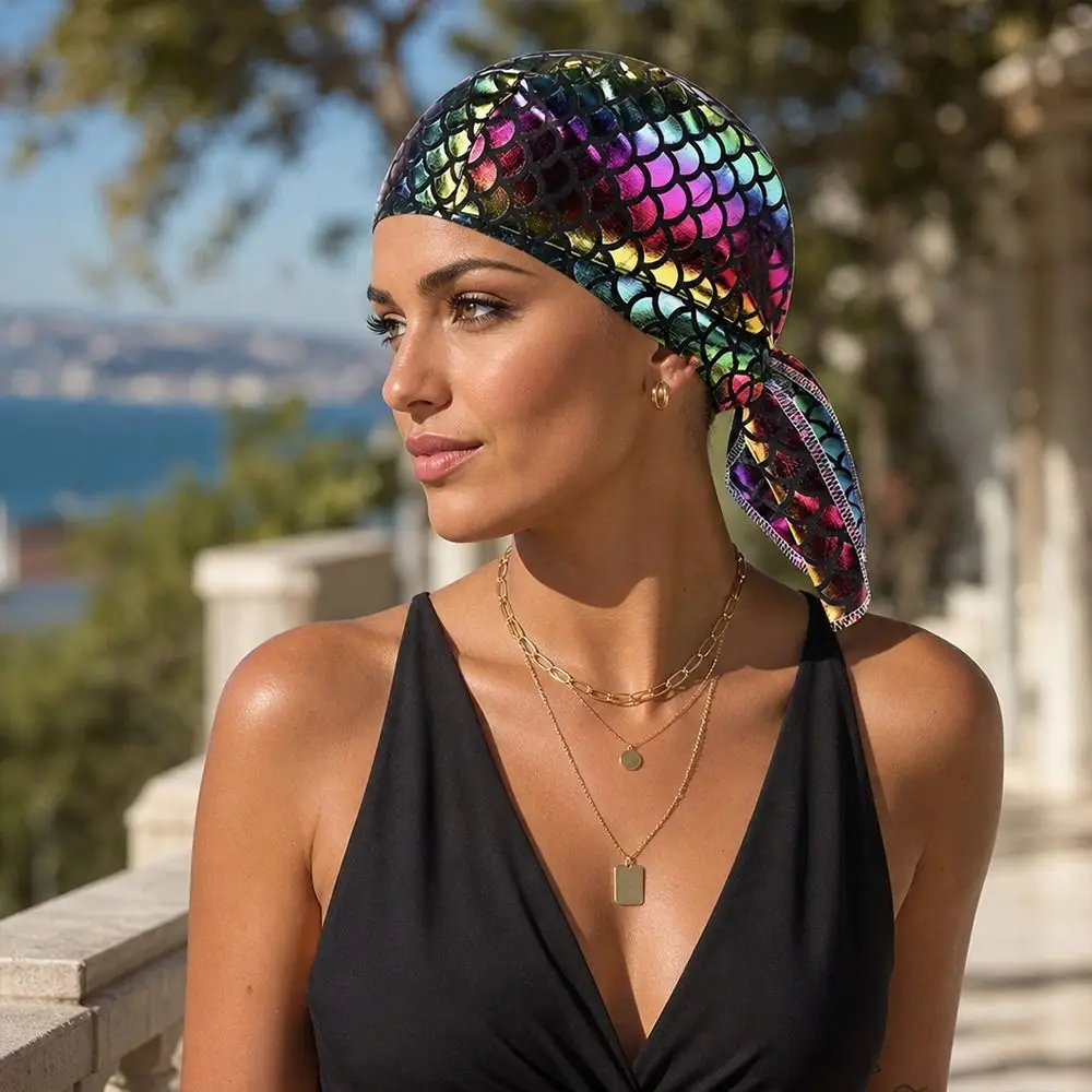 Lightweight Shiny Fish Scale Print Bandana Hat Breathable Elastic Pirate Hat UV Protection Quick Dry Sun Protection Cap Sports