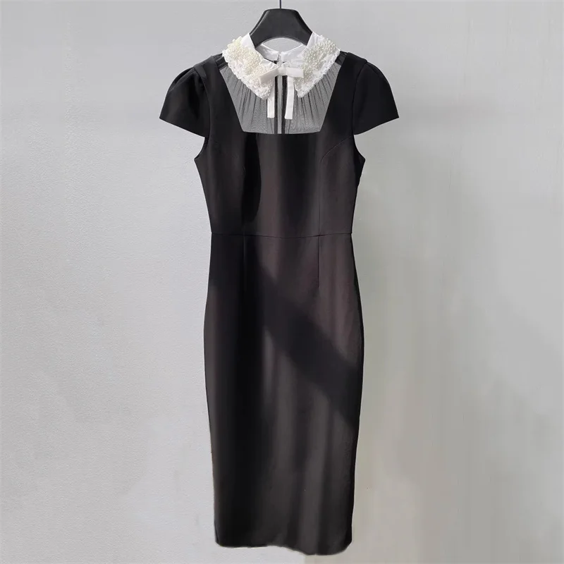 Women's dress New semi transparent online splicing short sleeved dress for spring 2026 Collar slim fit long dress party dresses