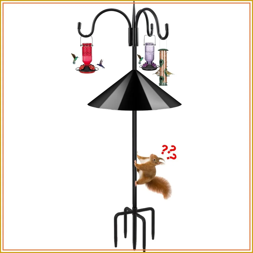 Heavy Duty Shepherds Hook Bird Feeder Pole 92" Triple Hooks 5-Prong Base & 19" Baffle for Outdoor Feeders & Plants