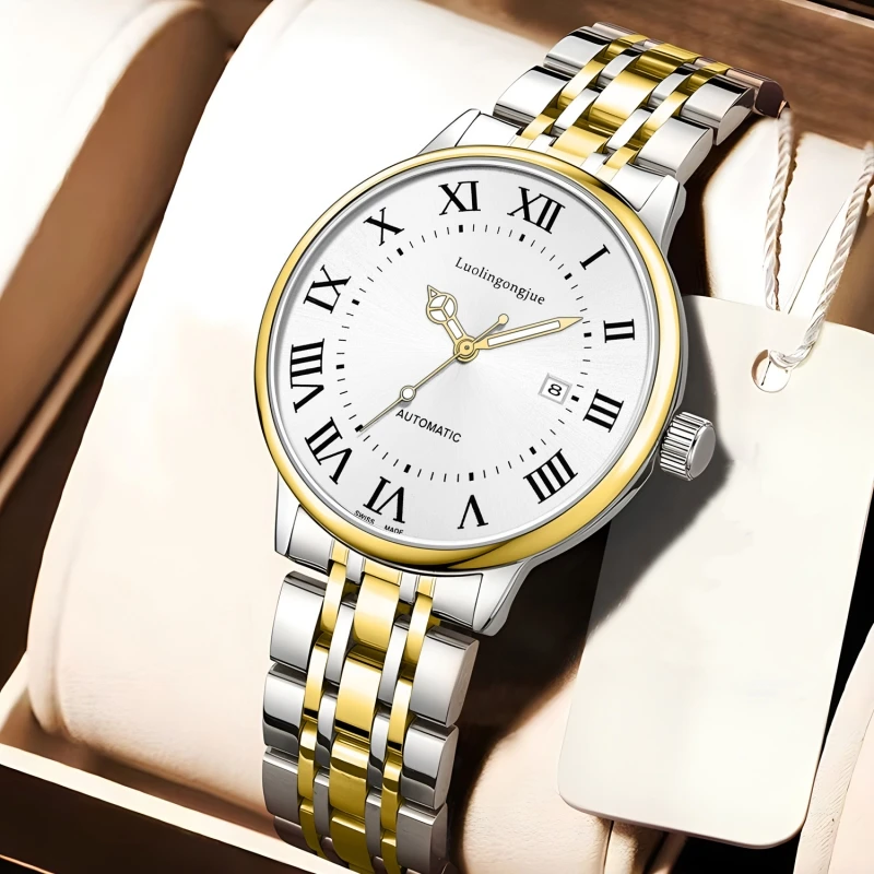European and American Style Luxurious Men's Business Automatic Mechanical Watch, Roman Numerals, Skeleton Design, Fashionable, Simple, Versatile and Stylish Men's Watch, Integrating Luxury and Fashion, Perfect as a Gift during Holidays and Business Gatherings