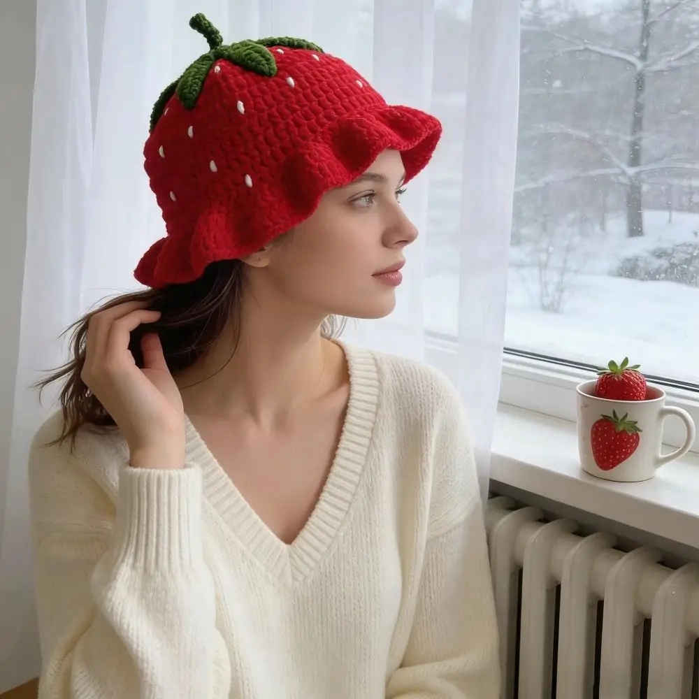Kawaii Ruffle Strawberry Knitted Hat orange Stretch Knitted Bucket Hat Fruit Shaped Cartoon Knit Fisherman Hat Winter Autumn