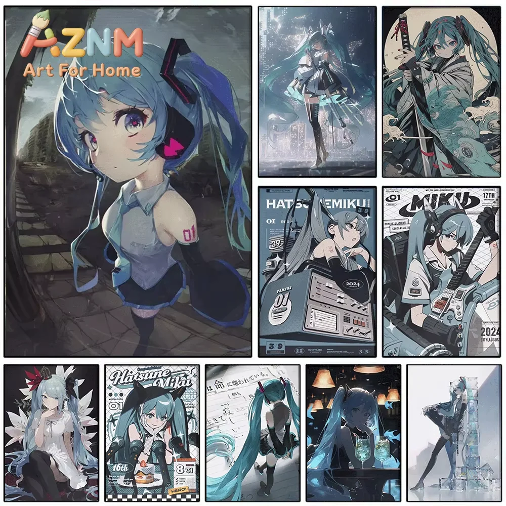 AZNM Hatsune Miku Multi Style Collection Canvas Painting, Frameless Canvas Wall Art, Virtual Singer Anime Wall Painting for Be