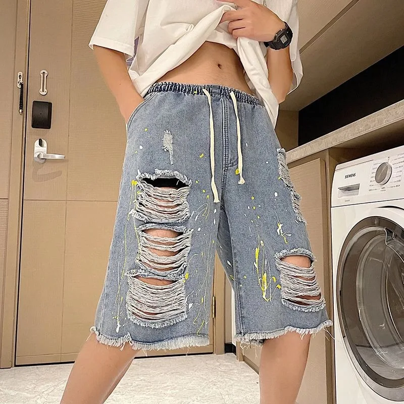 

Летние мужские джинсы свободного кроя, длина до щиколотки, с эффектом потертости, в американском стиле, с отворотами, с заниженной талией, широкие штанины