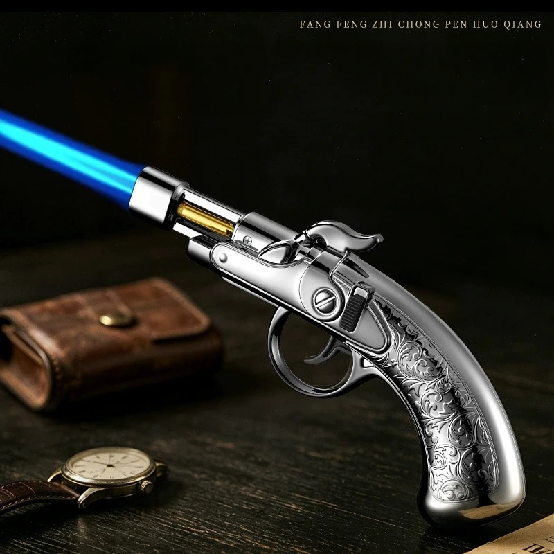 New Big Flame Creative Gun Type Inflatable Lighter Metal Windproof Jet Flame Outdoor High Temperature Cigar Lighter