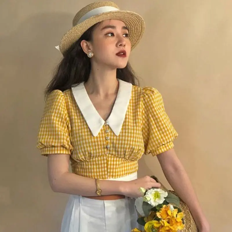 Plaid Puff Sleeve Short Shirts Women Summer Contrast Color V Neck Waist Office Tops French Vintage All Match Blouses