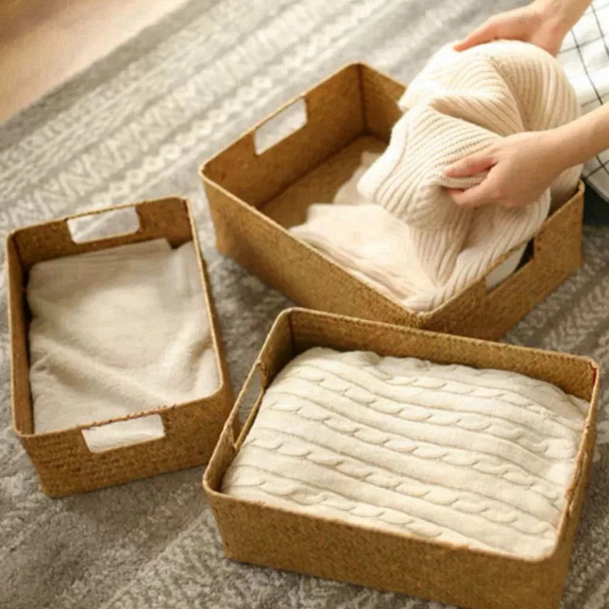 Zerolife natürlicher großer gewebter Seegraskorb aus Strohgeflecht für Zuhause, Tisch, Obst, Brot, Handtücher, kleiner Küchen-Aufbewahrungsbehälter – Detail 5