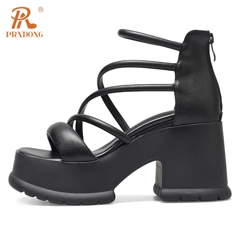 PRXDONG Genuine Leather Summer Shoes Punk Sandals Chunky High Heels Platform Zipper Black WHite Dress Party Casual Lady Shoes 39