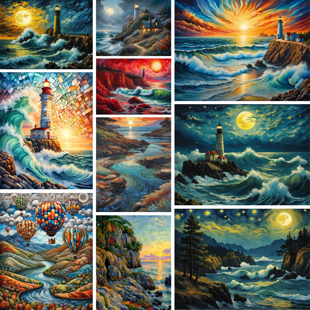 Landscape Lighthouse Printed Canvas Cross-Stitch Embroidery Full Kit Handiwork Knitting Painting Craft Design Room Decor Counted