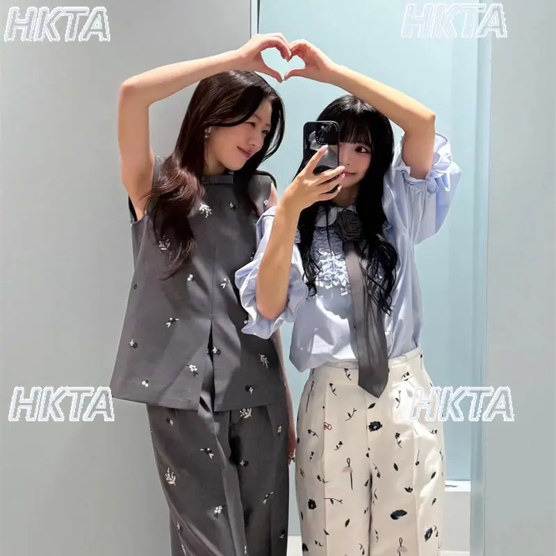Japanese Style Summer Retro Commuter Flower Embroidered Bow Sleeveless Vest Tanks Top Girls Loose Casual Pants Shorts Sets Women