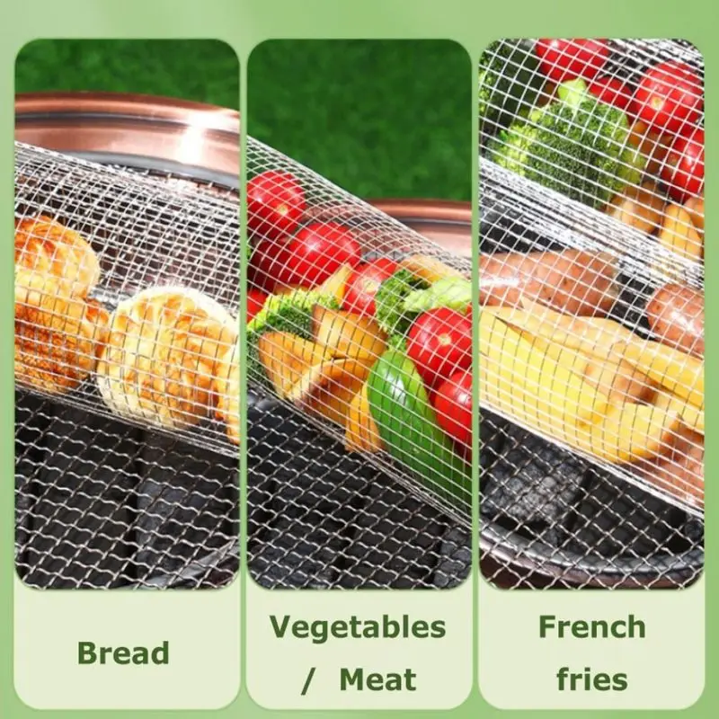 1pc Barbecue BBQ Grilling Basket Stainless SteelGrilling Baskets Portable Outdoor Camping BBQ Rack Round Grill Basket