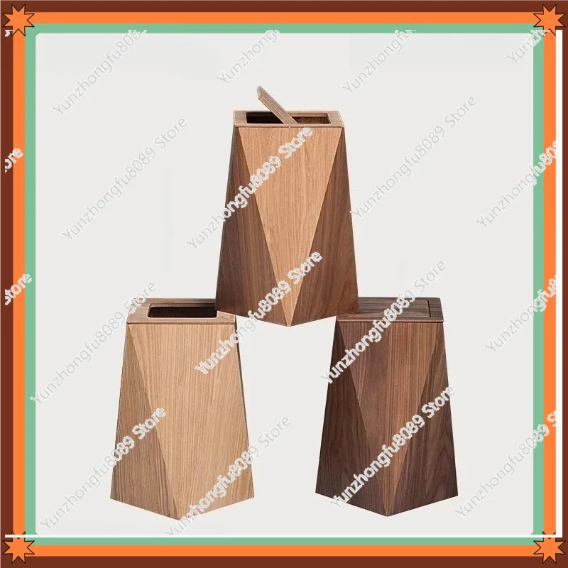 Creative Polygonal Diamond Nordic Style Wooden Trash Bin High End Covered Large Trash Can For Home Office Living Room Banheiro