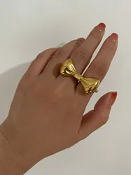 Peri'sbox Stainless Steel Bow-Knot Double Finger Rings for Women Unusual Aesthetic Design Punk Party Jewelry Gifts Tarnish Free