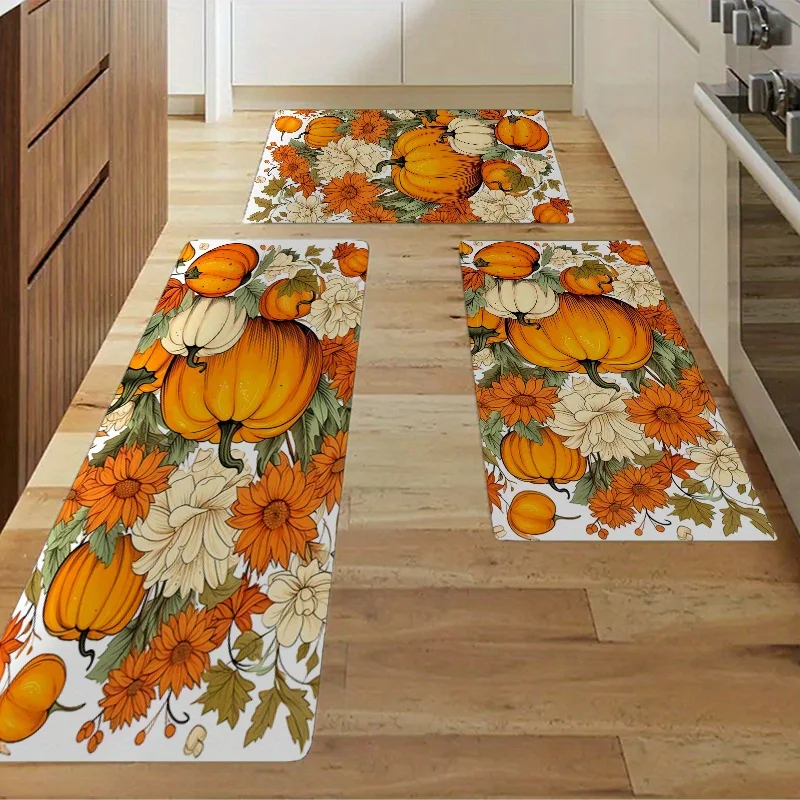 Fall Pumpkin Maple Leaf Turkey Print Kitchen Floor Mat Autumn Thanksgiving Carpets Living Room Dining Room Entrance Non-slip Rug