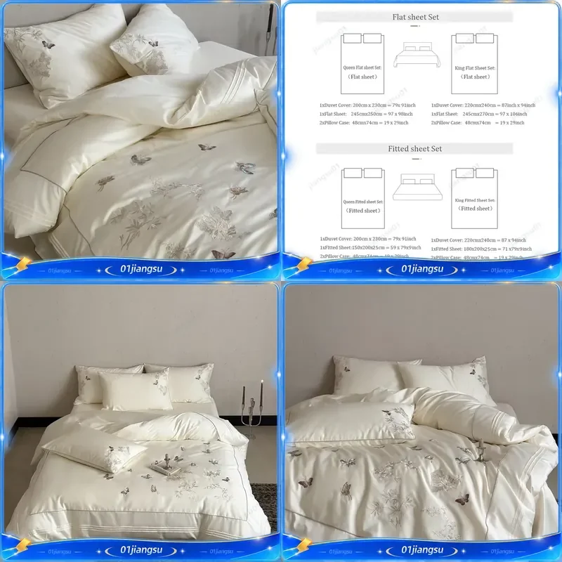 1000TC Egyptian Cotton Bedding Set Luxury Butterfly Flower Embroidery Duvet Cover Flat Fitted Sheet Pillowcases 4 Piece Set