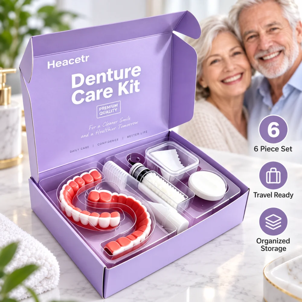 Denture Care Kit 6 Piece Portable Storage Set with Dual Sided Brush Cloth Case for Daily Dental Appliance Cleaning Hygiene Care