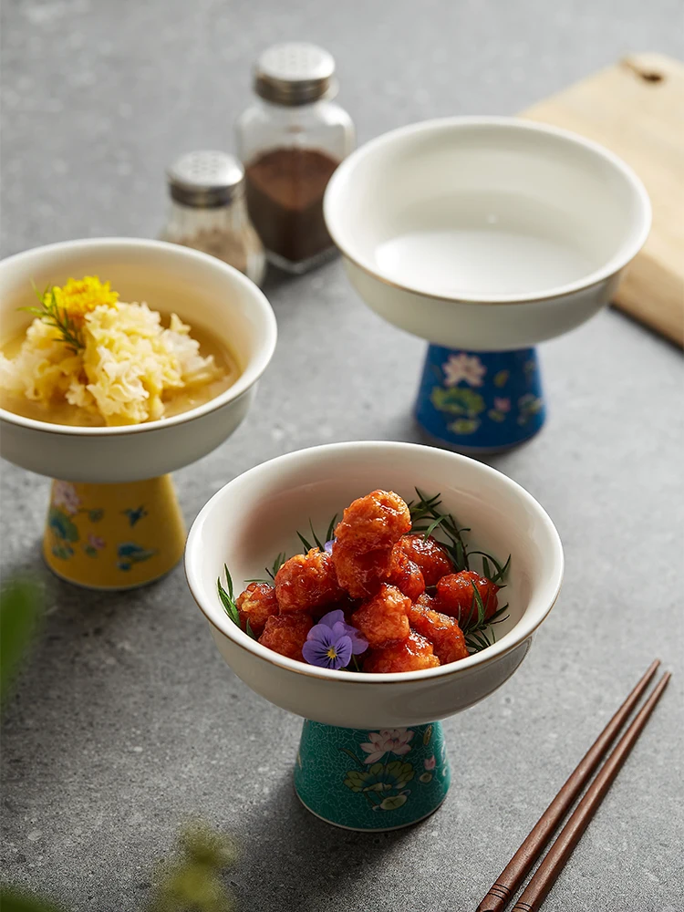 ชามทรงสูงสไตล์เรโทร จานชาหรูหรา จานใส่ผลไม้อบแห้ง จานอาหารจีน จานโชว์อาหารโรงแรม จานเซรามิกสไตล์จีน