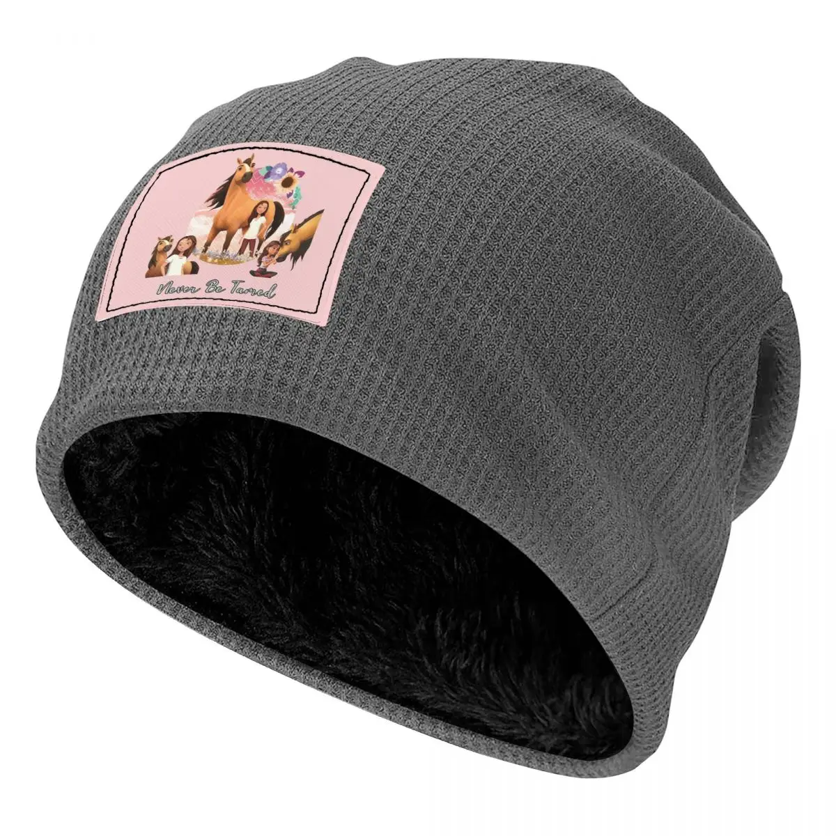 Never Be Tamed Spirit Riding Free Waffle Knit Fleece Lined Beanie with PU Leather Patch Unisex Warm Winter Soft Cap